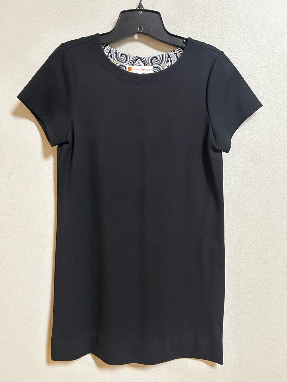 Jude Connally Black Shift Dress XS Short Sleeve Paisley Trim Made in USA